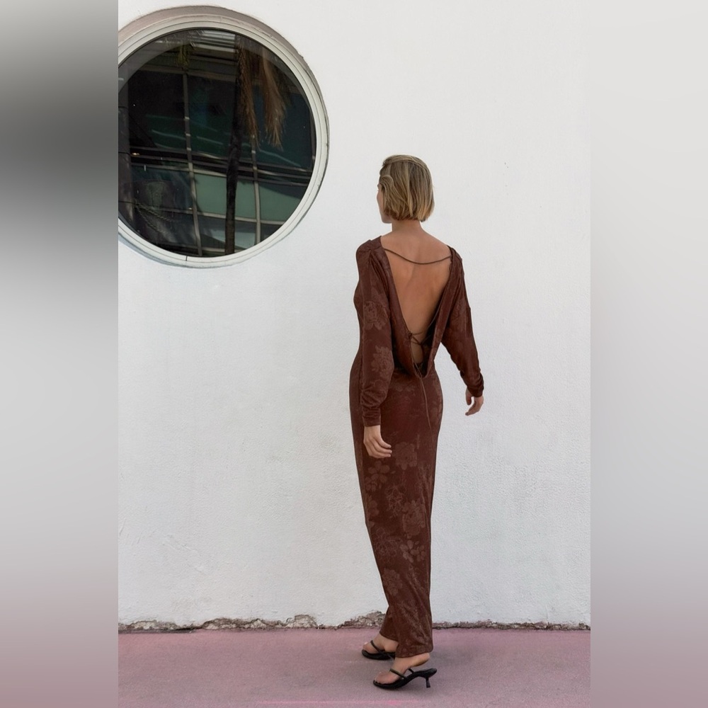 Zara Long Sleeve Floral Dress in Brown